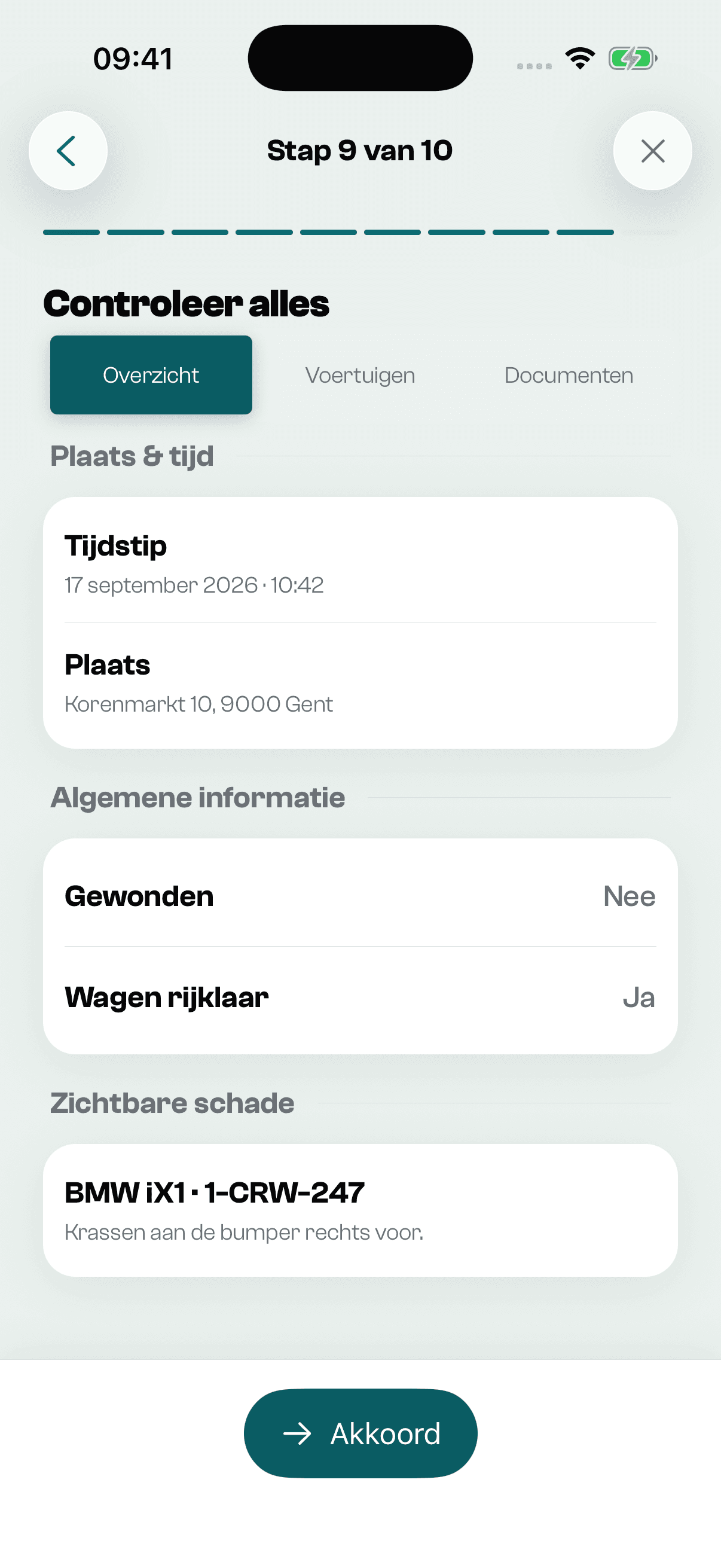 Controle van een fictieve ongevalsaangifte in de Crewi-app